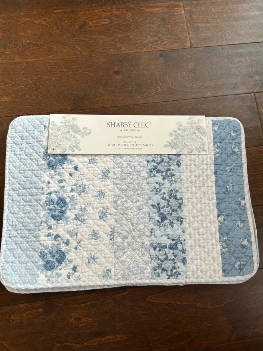 Shabby Chic 4 Scalloped Quilted Blue White Placemats New Floral Striped